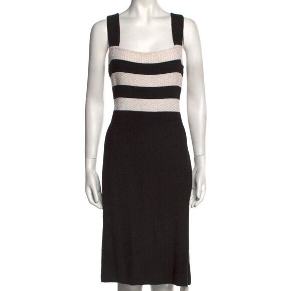 ST.JOHN Black Cream Striped Fitted Halter Zip Back Textured Dress Size 8 EUC - Picture 1 of 9